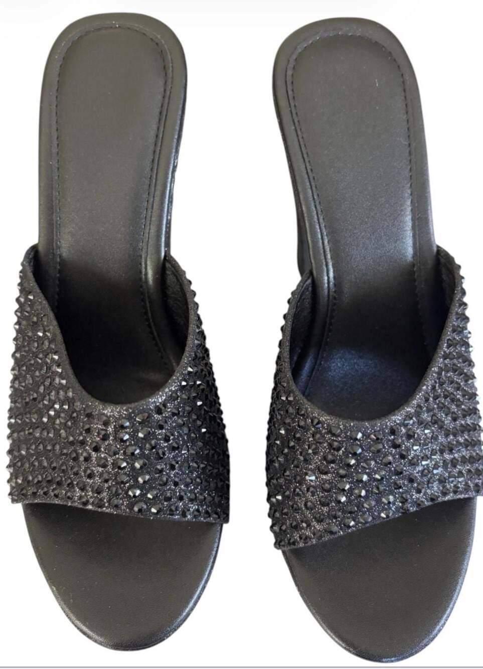 Women's Black Glitter Rhinestone Embellished Block Heel Mules